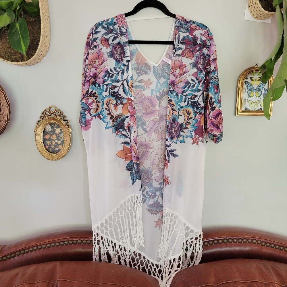 Beautiful fringe swim cover up floral chiffon beach vacation lounge cover